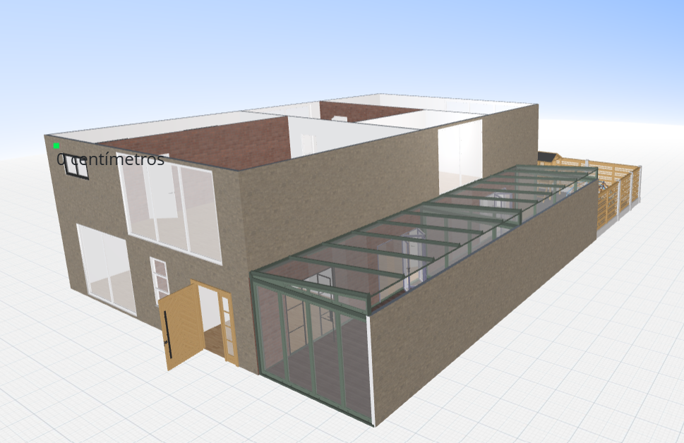 Render 3D de la fachada de la escuela con patio cubierto acristalado